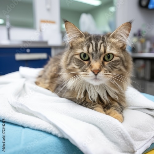 Majestic Long-Haired Tabby Cat Sitting On a White Towel in a Veterinary Clinic