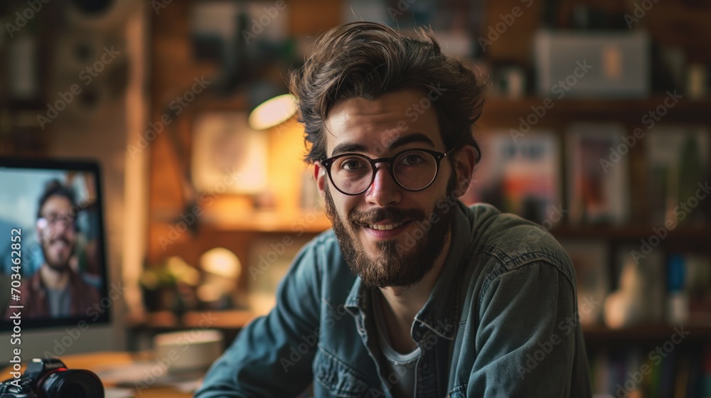 Cheerful influencer and blogger with beard and glasses or vlogger at work broadcasting from home at his desk in cozy atmosphere Cheerful influencer and blogger with beard and glasses or vlogger at work broadcasting from home at his desk in cozy atmosphere