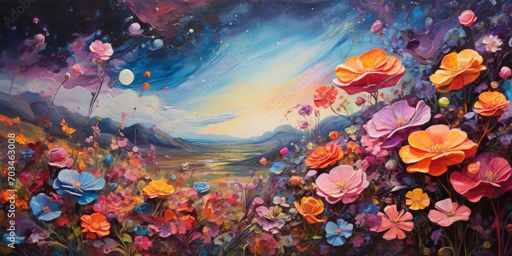 Fantastic landscape with beautiful flowers and galactic sky
