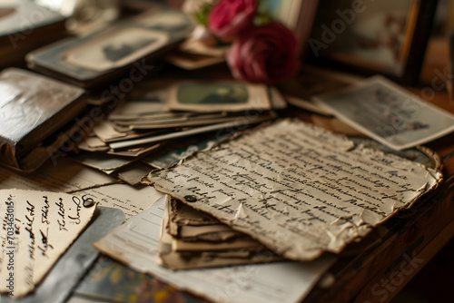 vintage love letters, postcards, and romantic memorabilia arranged artistically valentine background