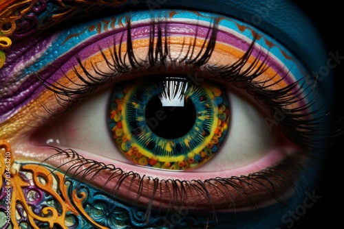Human eye with unusual colorful artistic makeup  close up