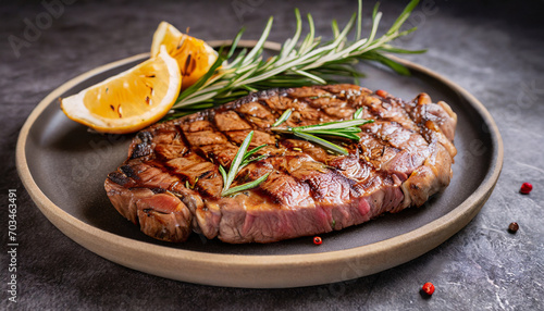 A magazine quality shot of a delicious steak, with rosemary, and a cozy atmosphere