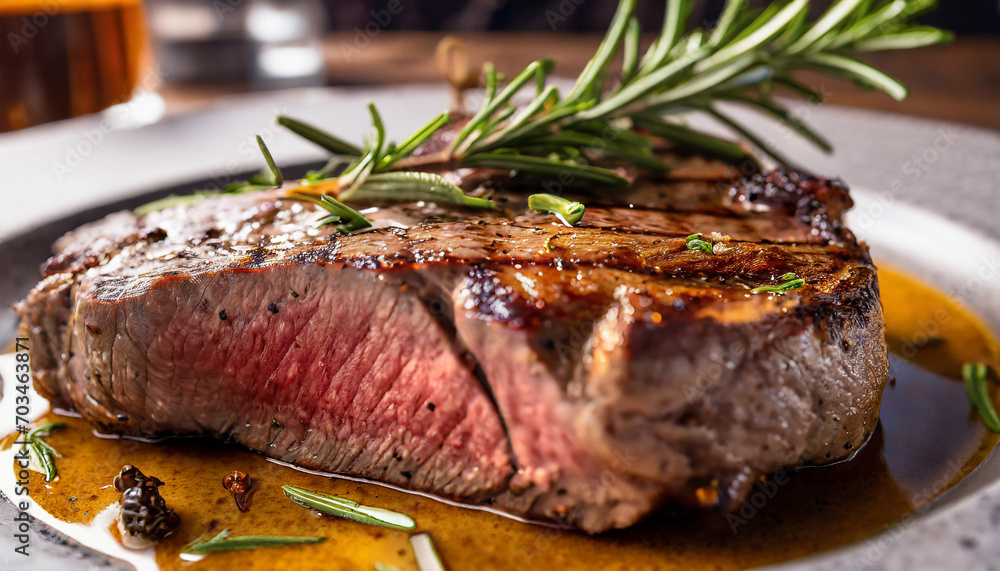A magazine quality shot of a delicious steak, with rosemary, and a cozy atmosphere A magazine quality shot of a delicious steak, with rosemary, and a cozy atmosphere