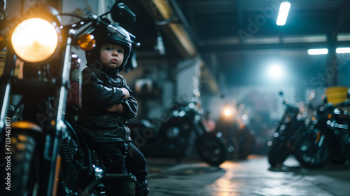 a baby dressed as a biker in a garage