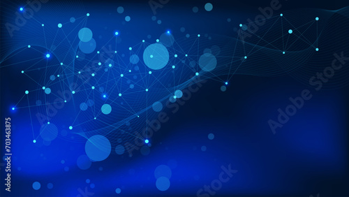 Abstract connecting dots and lines with wave lines on dark blue background. Network connection, digital neural networks and communication technology concept.