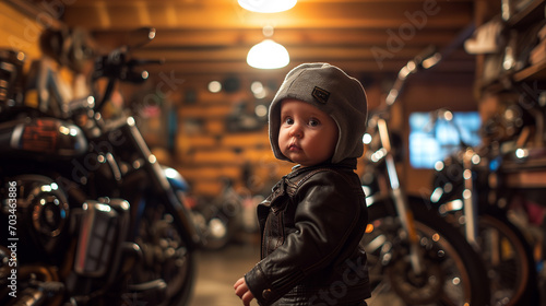 seet baby in a garage with motorcycles  photo