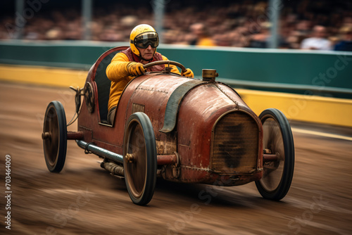 Old-timey race car on the race track in motion