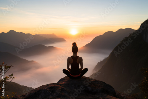 A woman meditating on a mountain top at sunrise overlooking a misty valley