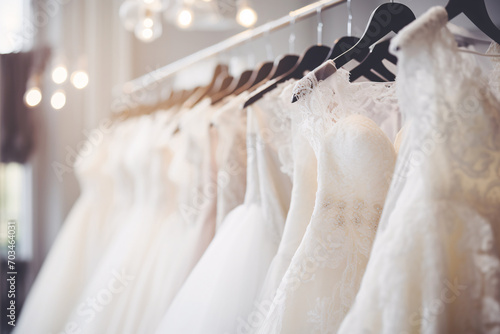 Wedding dresses on a clothes rack at a wedding dress store close-up