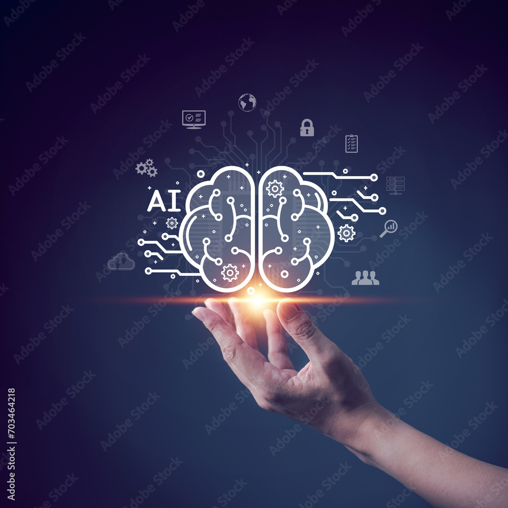 AI technology, Future innovation and online big data management concept, Businessman holds virtual reality artificial intelligence brain in hand, Internet of things, Automated operations, Data storage AI technology, Future innovation and online big data management concept, Businessman holds virtual reality artificial intelligence brain in hand, Internet of things, Automated operations, Data storage