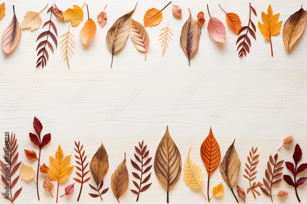 Colorful fall leaves on a white background, empty space for text or products Colorful fall leaves on a white background, empty space for text or products