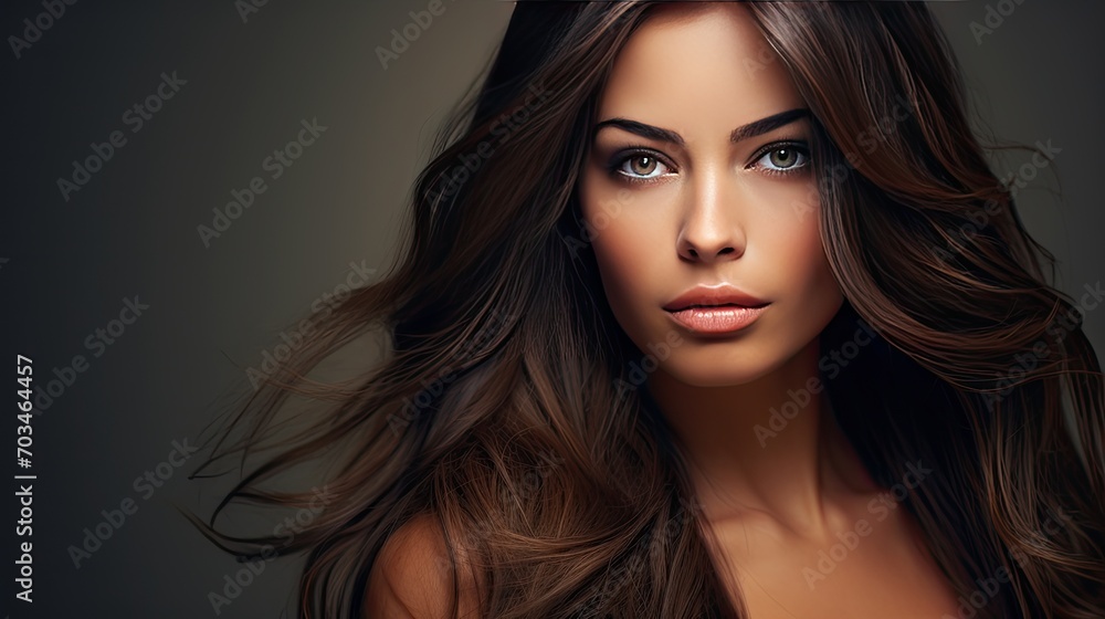 Fototapeta premium Beautiful female face with powerful silky hair and chic hairstyle. Perfect image of a beautiful brunette woman. Feminine image of natural beauty. Illustration for beauty and fashion magazine.