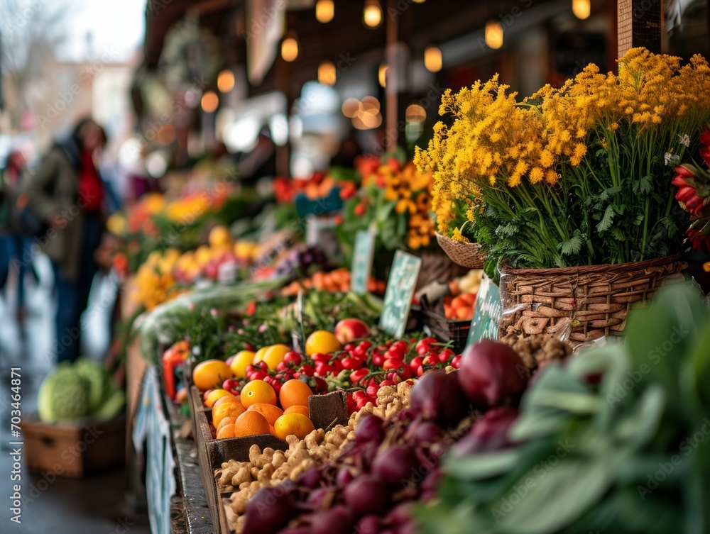 Bustling shot of a local farmers' market in March, featuring colorful produce stands and shoppers enjoying the spring atmosphere.