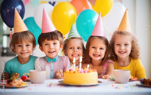 Group of happy children celebrating birthday party