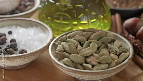 Spice various and oil glass jar. Spice rotating table