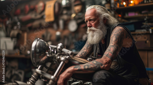 portrait of an old biker with his motorbike