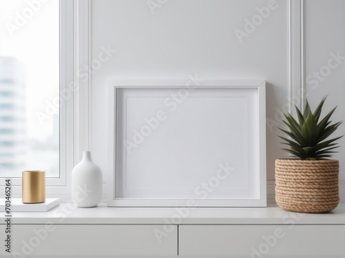 poster frame mockup of the interior room  decorated with white walls  simple and elegant  placed on a white counter. Surrounded by decorative plant vases Placed neatly and cleanly.