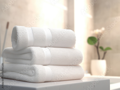 Hotel towels stacked in hotel bathroom, hotel towel facilities