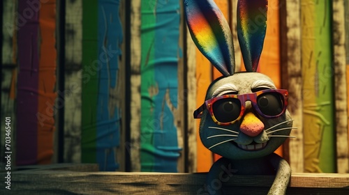 Close-up of a smiling, funny rabbit with sunglasses and rainbow ears against an old wooden fence. Painted figure made of ceramics, plasticine, plastic, other material. Illustration for design.