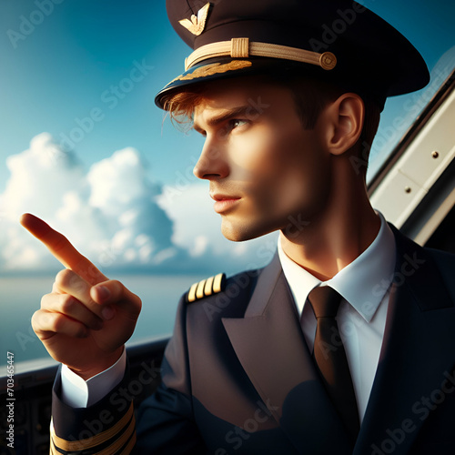 Young Man Professional Copilot in Uniform and Hat Talking to the Pilot, Pointing to a Commercial Airplane Plane Jet in the Sky Clouds with his Finger on a Sunny Day. Alert Inside and Outside Cockpit.