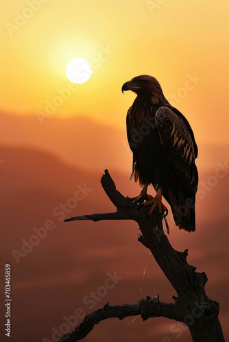 A golden eagle perched on a branch against the backdrop of a serene sunset