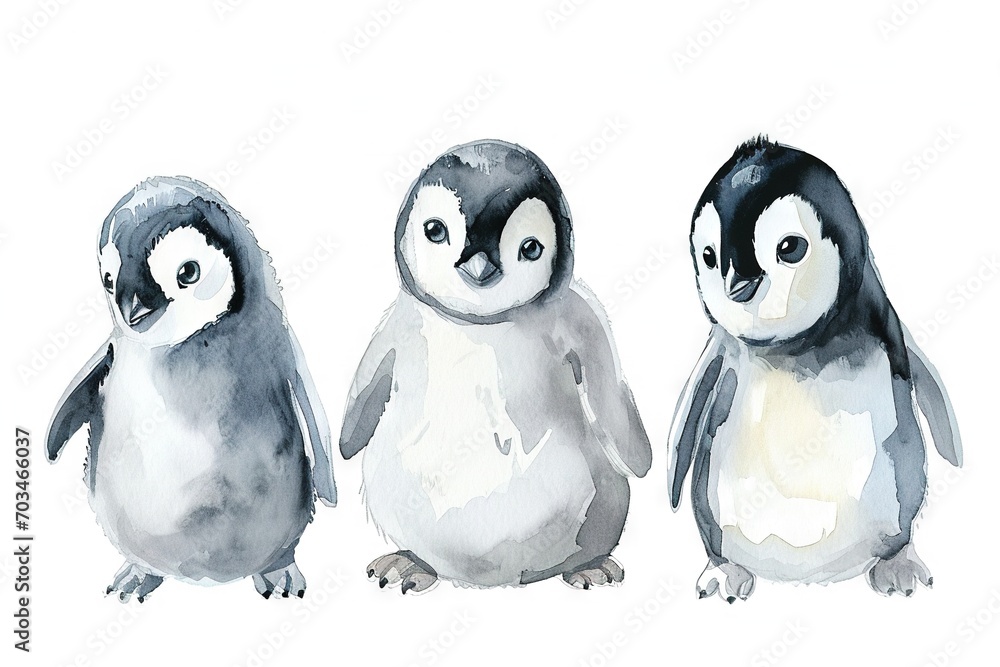 Fototapeta premium Simple watercolor sketch minimalist flat style of cute cartoon baby penguins, a print for nursery room, duotone with pastel colors and a white background