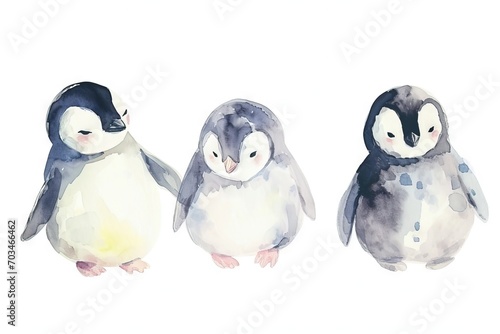 Simple watercolor sketch minimalist flat style of cute cartoon baby penguins, a print for nursery room, duotone with pastel colors and a white background