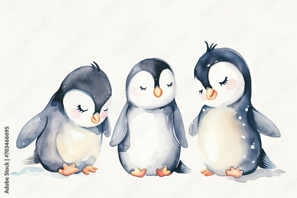 Fototapeta premium Simple watercolor sketch minimalist flat style of cute cartoon baby penguins, a print for nursery room, duotone with pastel colors and a white background