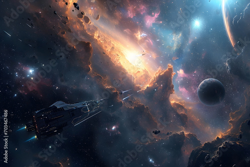 visuals of spaceships traveling between galaxies with stunning cosmic backdrops