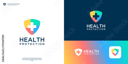 Colorful medical protection logo. Combine shield and cross symbol