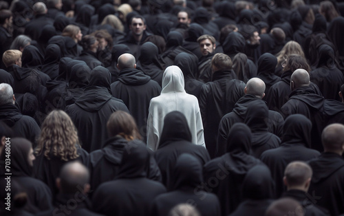 A person dressed in white stands out in a crowd of people dressed in black. Concept of distinction and breaking the mold