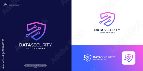 Shield logo with abstract dot tech symbol. Security logo for privacy data protection.