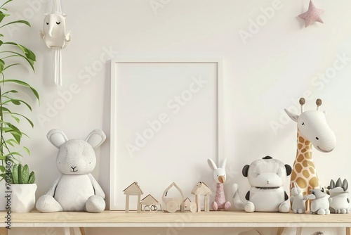 Picture frame with a simple watercolor sketch minimalist flat style of cute cartoon baby animals, a print, decoration inspiration for nursery room, duotone with pastel colors and a white background