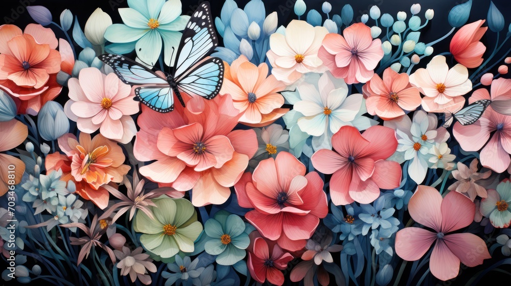 Flowers and Butterflies Pattern - obrazy, fototapety, plakaty 