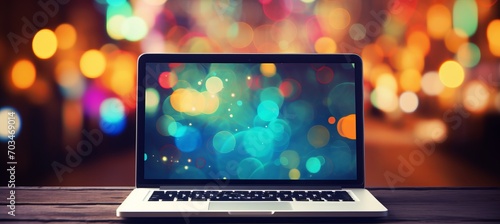 Vibrant abstract blurred bokeh background with a sleek and modern laptop resting on a desk