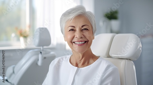 Happy elderly Senior woman smile for tooth whitening  cleaning or oral  mouth and gum care at the dental clinic.