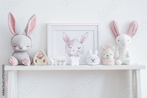 Picture frame with a simple watercolor sketch minimalist flat style of cute cartoon baby animals, a print, decoration inspiration for nursery room, duotone with pastel colors and a white background