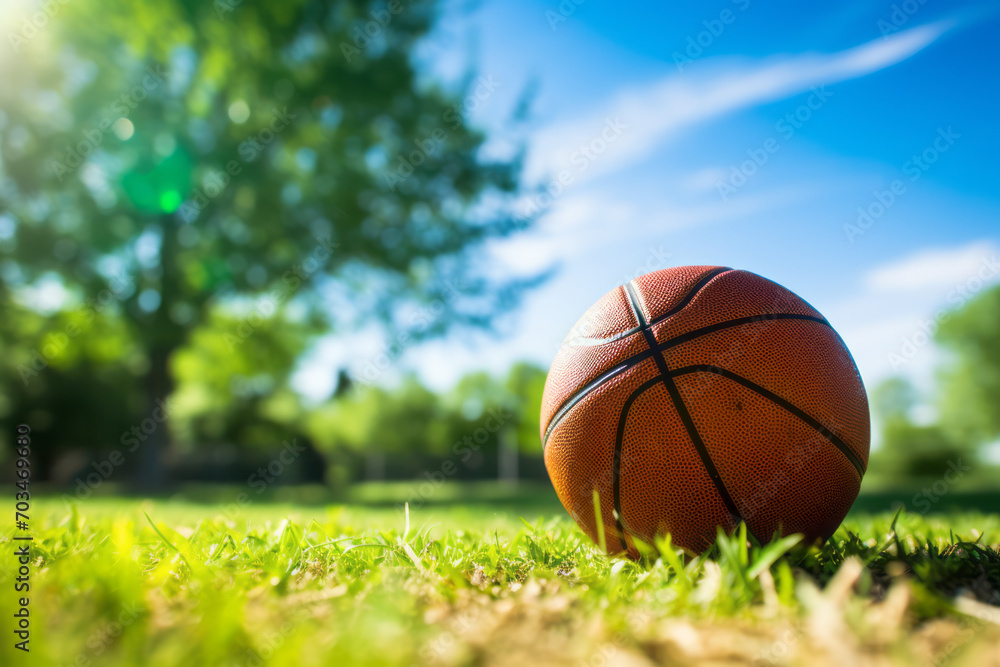 Close up, eye level view of a basketball in a grassy field