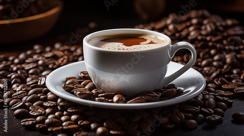 Mug on plate filled with coffee surrounded by coffee beans, cup of coffee, coffee bean background.