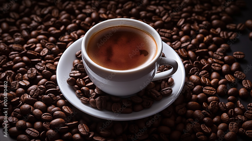 Fototapeta premium Mug on plate filled with coffee surrounded by coffee beans, cup of coffee, coffee bean background.