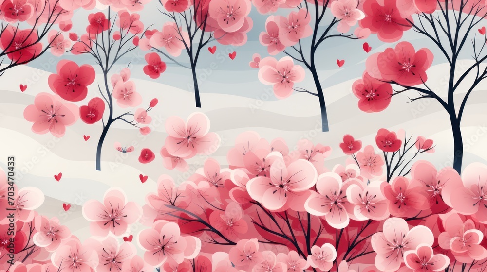 pattern with trees with pink flowers - obrazy, fototapety, plakaty 