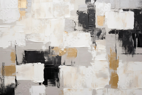 Fototapeta Naklejka Na Ścianę i Meble -  Closeup of abstract rough white gold black art painting texture, with oil acrylic brushstroke, pallet knife paint on canvas, geometric spatula technique with rectangles