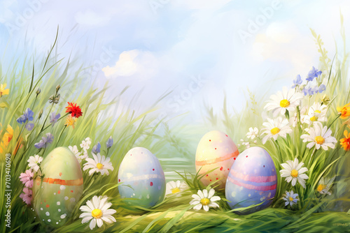 Easter holiday celebration banner greeting card - Painted easter eggs on green fresh meadow with grasses and spring flowers