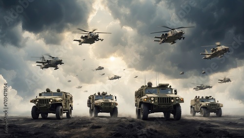 a group of military vehicles flying through a cloudy sky