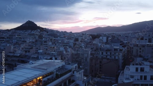 Cinematic Aerial Historical Center of Athens Blue Hour Early in the Morning 4k
 photo