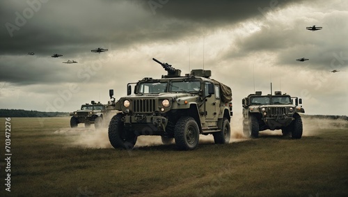 a group of military vehicles flying through a cloudy sky