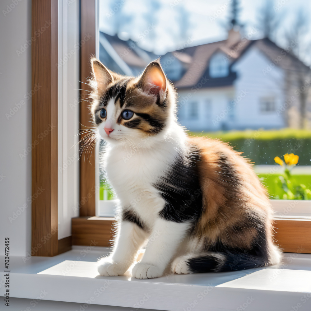A kitten on the windowsill basking in the spring sunshine A kitten on the windowsill basking in the spring sunshine