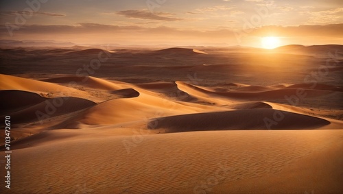 A vast and desolate desert landscape. There are towering sand dunes and a brilliant sunset in the distance.