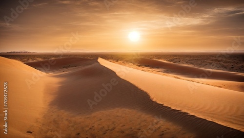A vast and desolate desert landscape. There are towering sand dunes and a brilliant sunset in the distance. © Joesunt