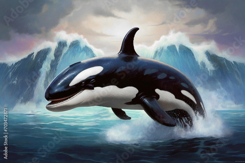 Illustrated killer whale underwater in blue sea